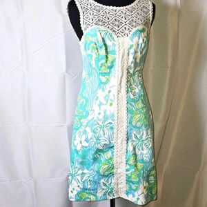 Lilly Pulitzer  Sofia Shift Dress Waverider Lagoon Green Blue White Lace SZ‎ 00